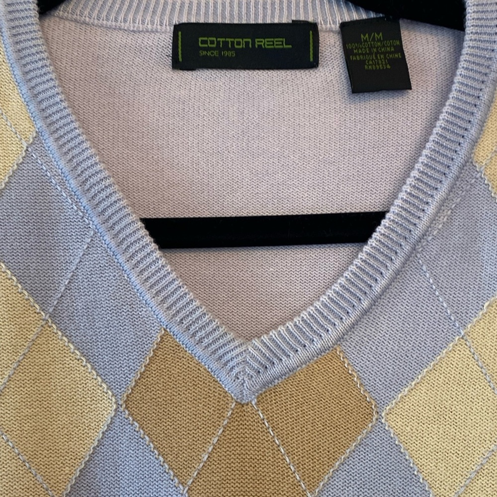 Mens Preppy 100% Cotton V- Neck Argyle knit Sweater Medium Eclectic Grandpa - Picture 2 of 11